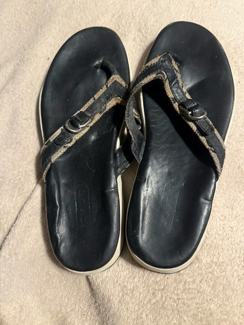 Coach Black Flip Flop Sandals with Tan Trim
